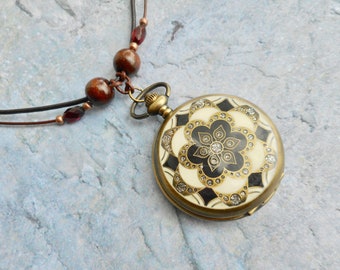 Leather necklace antique bronze Steampunk Victorian fashion style vintage pocket watch floral design garnet jewelery handmade jewelry