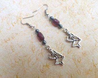 Skeleton earrings garnet hermatite dangling Halloween jewelry handmade jewelery Día de Muertos gothic fashion jewelry day of the dead