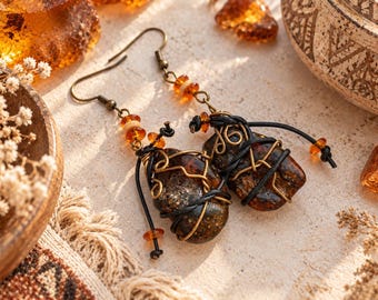 Handmade Baltic Amber Earrings – Boho Statement Earrings – Unique Wire Wrapped Amber Jewelry
