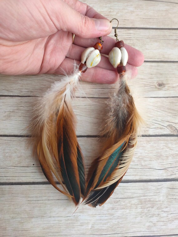 Real Bird Feathers Plume Earrings Kauri Shell Native Inspired