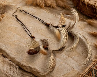 Handmade Grouse Feather Earrings – Long Boho Earrings with Natural Feathers – Brown Beads – Bohemian Statement Jewelry