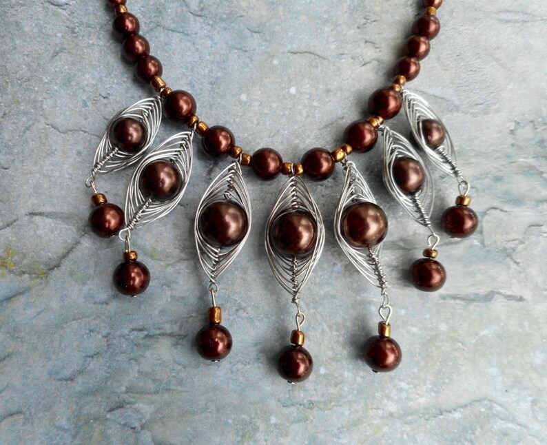 Golden brown statement necklace herringbone pendants / beaded necklace / handmade ladies jewelry / homemade jewelery / trending items image 2