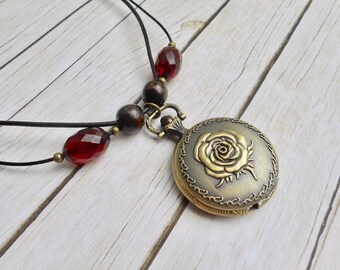 Leather necklace brown brass Steampunk Victorian fashion style vintage pocket watch rose design necklace garnet jewelery handmade jewelry