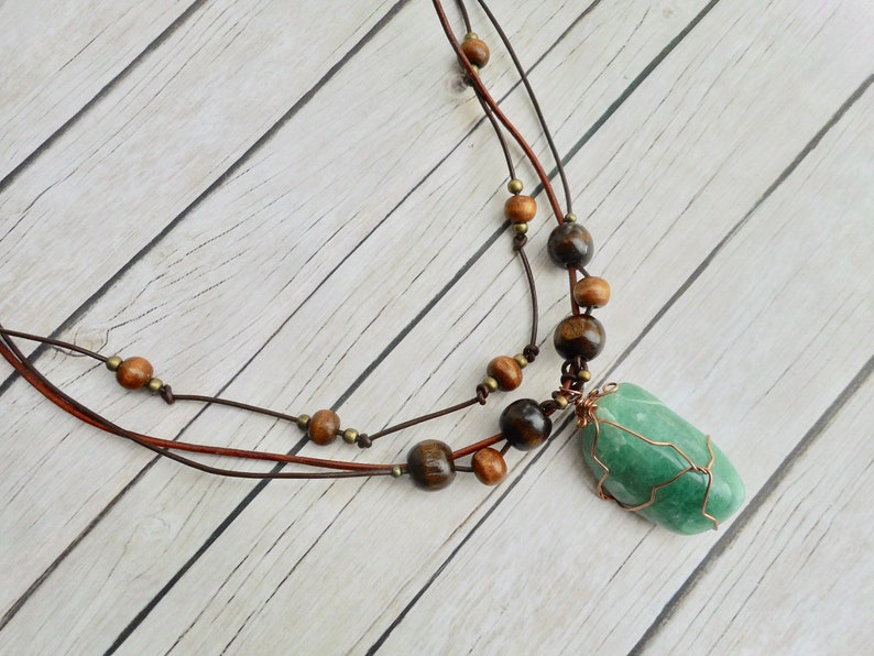 Green aventurine crystal pendant leather necklace boho style fashion jewelry ladies jewelery brown unique gift for her by Aparticle image 8