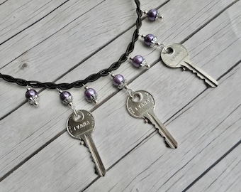Keys pendants choker necklace Steampunk Gothic fashion style jewelry handmade ladies jewelery hand braided brown purple unique gift her