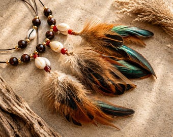 Handmade Boho Feather Necklace with Cowrie Shells – Brown Leather Tribal Necklace – Natural Feather Statement Jewelry