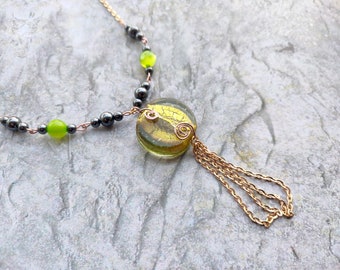 Green yellow glass pendant necklace hematite stones handmade ladies jewelry women fashion jewelry unique gift for her stylish elegant