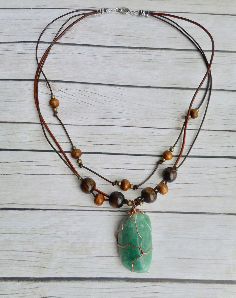 Green aventurine crystal pendant leather necklace boho style fashion jewelry ladies jewelery brown unique gift for her by Aparticle image 6