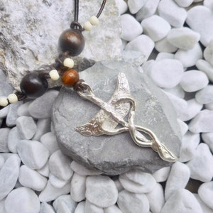 OOAK Sterling silver Caduceus pendant necklace brown leather men&#39;s ladies jewelery handmade unique jewelry one of a kind hand-forged fantasy