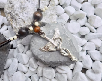 OOAK Sterling silver Caduceus pendant necklace brown leather men's ladies jewelery handmade unique jewelry one of a kind hand-forged fantasy