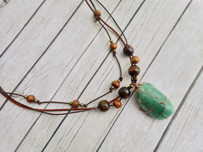 Green aventurine crystal pendant leather necklace boho style fashion jewelry ladies jewelery brown unique gift for her by Aparticle image 7