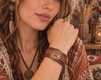 Handmade Leather Cuff Bracelet – Unisex Boho Bracelet with Bronze Star Concho Geometric Medallion – Brown Genuine Leather