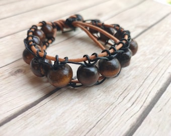 Brown leather cool tribal bracelet / wood beads / Men Ladies jewelry / tough unisex fashion jewelery / handmade jewelery / trending items