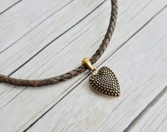 Leather choker necklace brass heart shaped pendant handmade ladies Ouroboros jewelry homemade jewelery unique gifts for her fashion