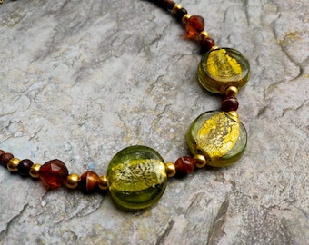Gold green glass beaded necklace brown wooden beads fashion style jewelry handmade ladies fashion for women unique gift for her jewelery