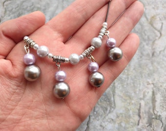 Handmade Elegant Necklace with Pearl-Like Beads – Silver and Lilac – Brown Cord – Romantic Women’s Jewelry