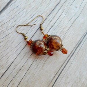 May include: A pair of dangle earrings with brown glass beads and gold-toned metal accents.