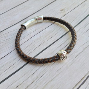 Brown braided leather boho bracelet ladies jewelry magnet clasp handmade jewelery silver rose bead unique trendy item gift boho gifts image 3