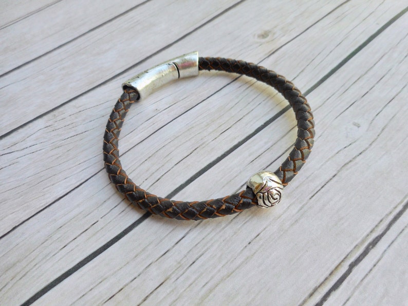 Brown braided leather boho bracelet ladies jewelry magnet clasp handmade jewelery silver rose bead unique trendy item gift boho gifts image 3