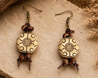 Handmade Tribal Boho Earrings – Carved Ethnic Beads, Wooden Beads & Brown Leather – Rustic Bohemian Dangle Earrings for Women