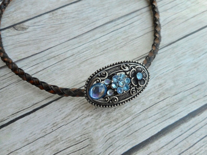 Antique brown braided leather choker necklace with aqua blue rhinestones charm ladies boho art nouveau jewelry handmade jewelery image 1