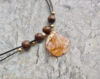 Raw citrine pendant brown leather necklace women fashion jewelry boho style jewelry handmade jewelery unique gift for her gemstone