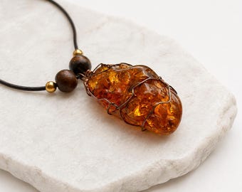Oversized Amber Pendant Necklace, Copper Wire Wrapped 10 cm Pendant, Rustic Boho Statement Jewelry