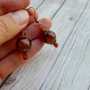 May include: A pair of amber glass earrings with bronze-colored metal accents and a small crystal bead hanging from each earring.