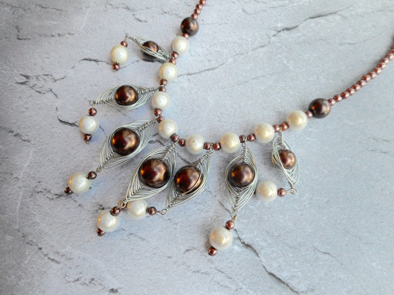 Brown beaded necklace statement jewelry with off white miracle beads handmade jewelry unique gifts women jewelry ladies fashion jewelry image 1