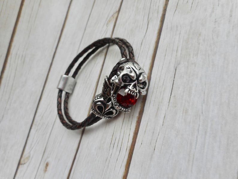 Leather bracelet men skull deadhead clasp buckle ruby crystal handmade jewelry brown unique sturdy jewelery men's jewelry trending item image 1