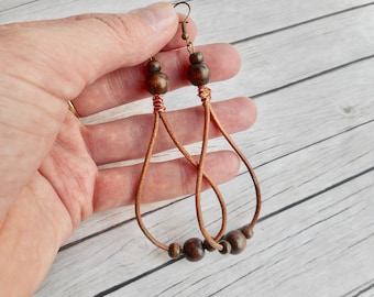 Skórzane kolczyki drewniane koraliki biżuteria damska ręcznie robiona biżuteria Boho drop wyjątkowe modne domowe prezenty