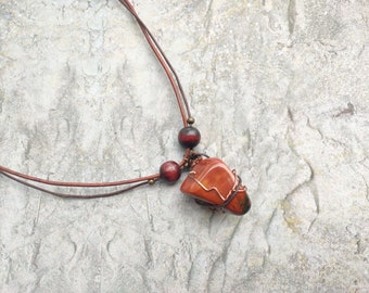 Red Jasper pendant leather necklace handmade ladies jewelry healing gemstone jewelery Bohemian style fashion unique gifts brown leather