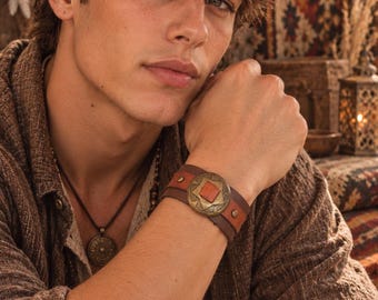 Handmade Leather Cuff Bracelet – Unisex Boho Bracelet with Bronze Star Concho Geometric Medallion – Brown Genuine Leather