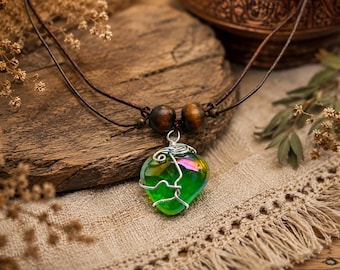 Handmade Boho Green Glass Pendant Necklace – Brown Cord & Wooden Beads – Bohemian Jewelry
