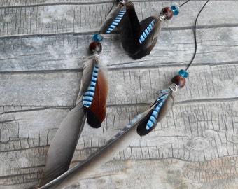 Blue Jay real feather earrings leather wooden beads homemade Boho bohemian style plumes jewelry handmade ladies jewelery summer fashion