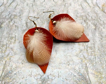 Brown leather earrings grouse bird feathers handmade jewelry leather jewelry boho fashion style native inspired jewelry natural jewelry