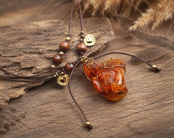 Handmade Amber Pendant Leather Necklace – Wire Wrapped Baltic Amber – Brown Leather Cord – Boho Rustic Statement Jewelry
