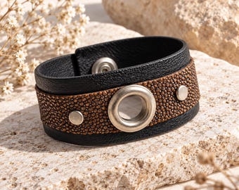 Handmade Brown Stingray Leather Cuff Bracelet – Black Australian Kangaroo Leather Statement Wristband with Silver Eyelet