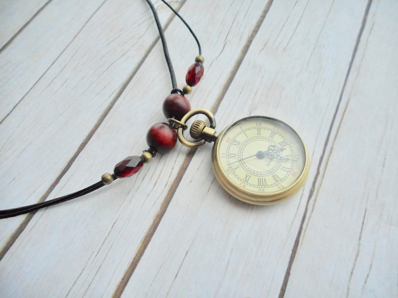 Pocket watch leather necklace brown Steampunk Victorian ladies jewelry vintage look handmade jewelery antique bronze jewel trending items image 2