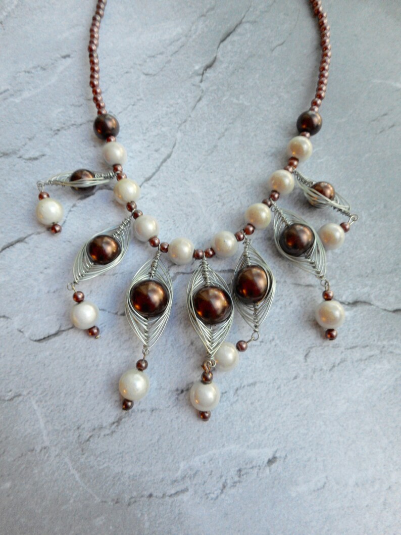 Brown beaded necklace statement jewelry with off white miracle beads handmade jewelry unique gifts women jewelry ladies fashion jewelry image 4
