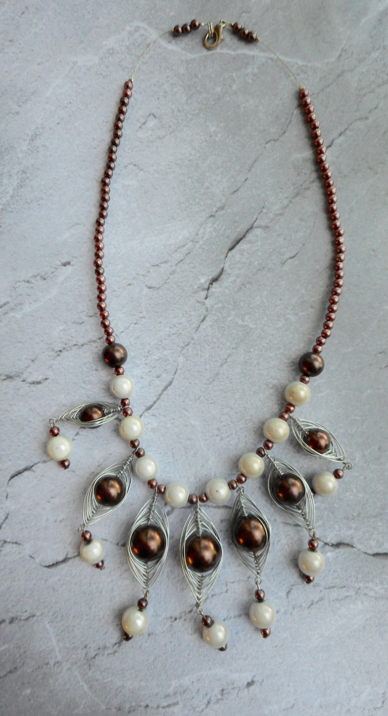 Brown beaded necklace statement jewelry with off white miracle beads handmade jewelry unique gifts women jewelry ladies fashion jewelry image 2