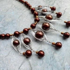 Golden brown statement necklace herringbone pendants / beaded necklace / handmade ladies jewelry / homemade jewelery / trending items image 4