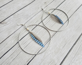 Blue Jay feather hoop earrings ladies bohemian jewelry handmade silver jewelery unique stylish fashion gypsy gift trending items