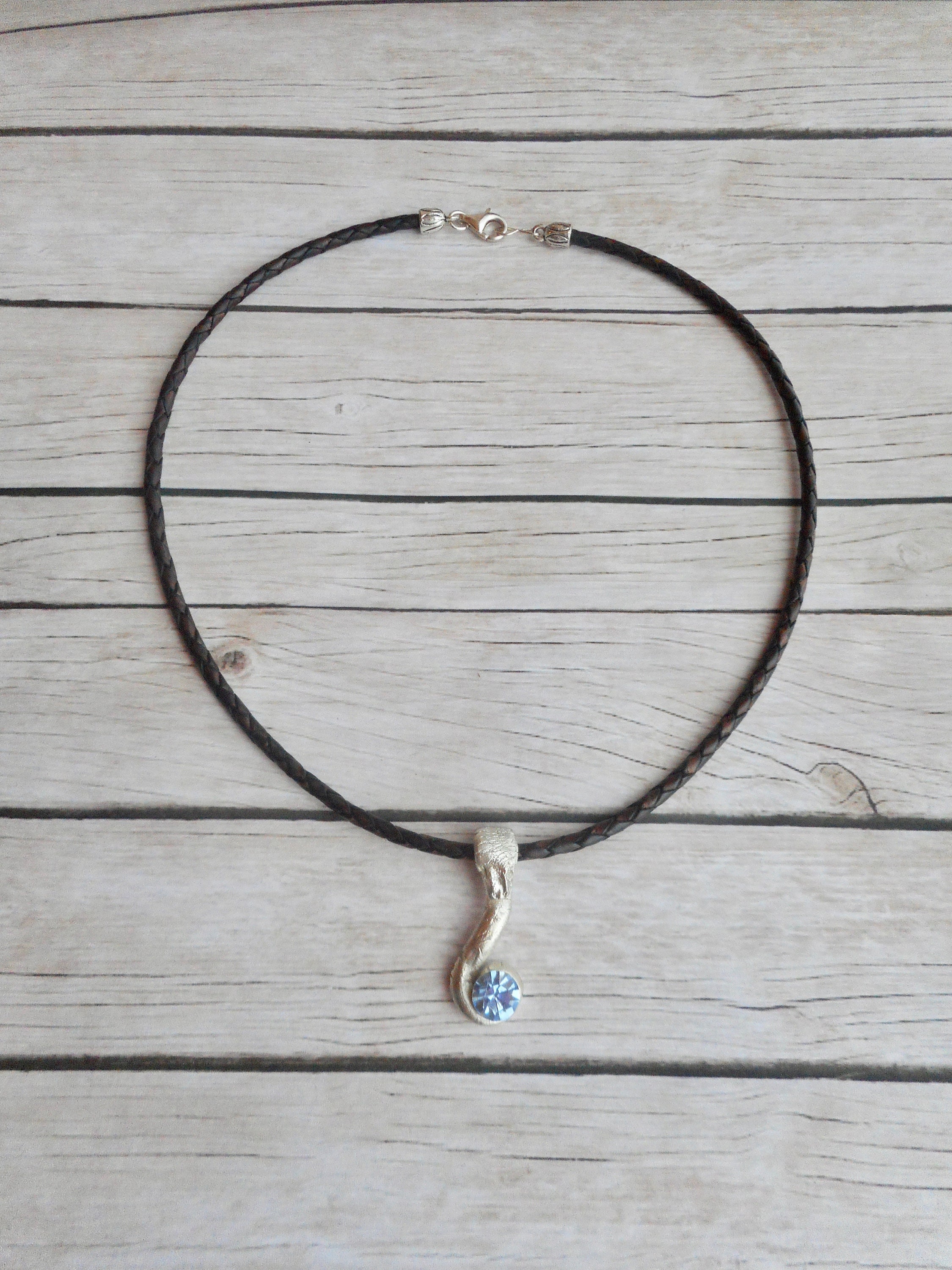 Echt zilveren slang hanger lederen choker halsketting hemels blauwe