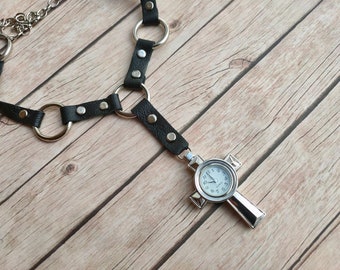 Clock on black leather choker necklace watch gothic fashion jewelry handmade jewelry unique gifts for women jewelry genuine leather