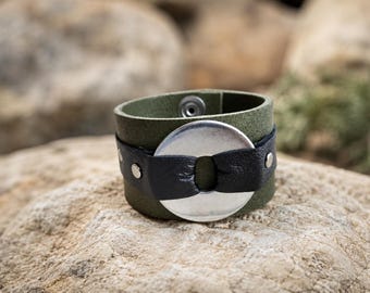 Handmade Antique Green Leather Cuff Bracelet – Black Leather – Large Silver Tone Ring – Unisex Gothic Bracelet