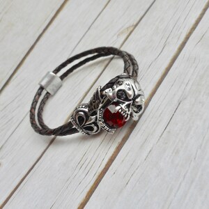 Leather bracelet men skull deadhead clasp buckle ruby crystal handmade jewelry brown unique sturdy jewelery men's jewelry trending item image 3