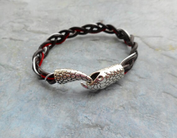Leather Bracelet Braided Brown Red Ouroboros Antique Silver Python