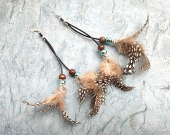 Handmade Bird feather earrings Guinea fowl brown leather wooden beads boho ladies jewelery Bohemian style gypsy native American jewelry gift