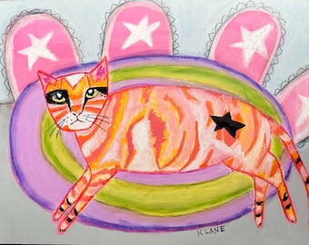 Cat on a Rug #6 Painting: Original Mixed Media Folk Art on Wood